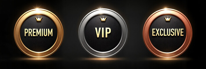 Luxurious set of three glossy black VIP membership plaques with metallic gold, silver, and rose gold trims, showcasing exclusivity and elegance.