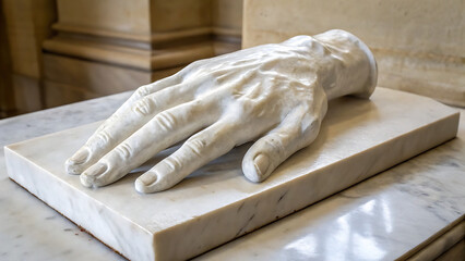 A marble sculpture of a hand resting on a rectangular marble base in a museum setting indoors - ai generated