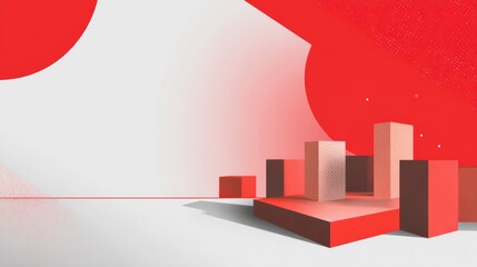 Geometric red abstract design with cubes and circles on a light background
