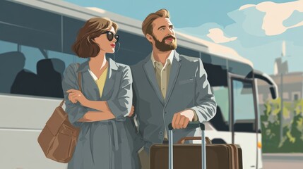 Stylish young caucasian couple with luggage waiting for bus