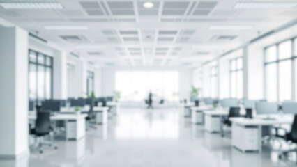 Modern open space workplace with white workstations, collaborative computer setup, minimalist workspace design highlighting professional environment