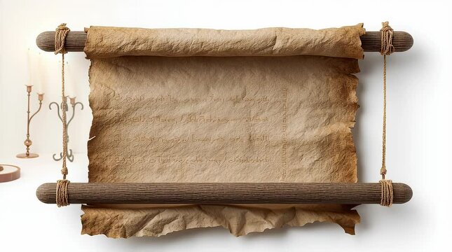 Ancient Scroll with Wooden Rods on White Background