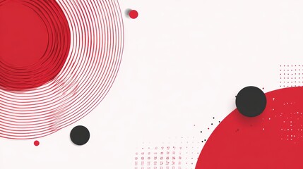 Abstract red and black circles with geometric patterns on white background
