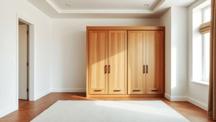 Fototapeta premium Sun shining on a wooden wardrobe in a modern, minimalist bedroom with parquet flooring and white walls, creating a warm and inviting atmosphere