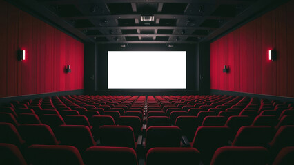 Rows of red seats facing a blank white movie screen create an inviting atmosphere in an empty cinema, waiting for the next film experience