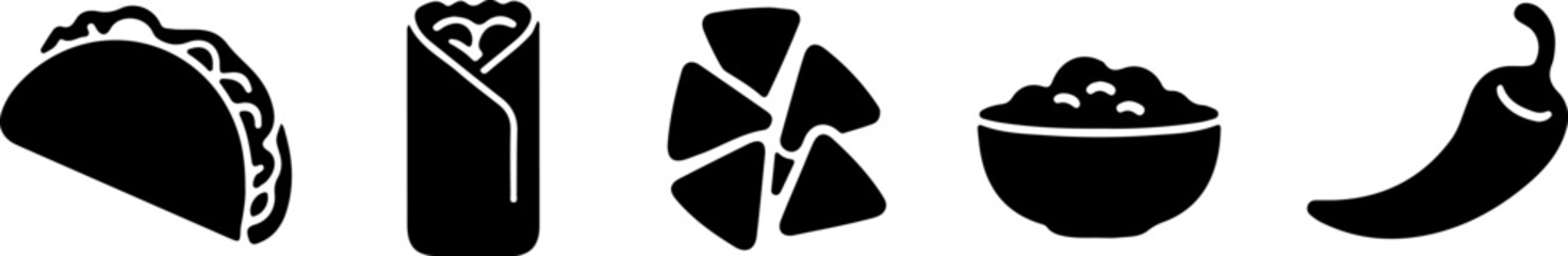 Fototapeta premium Mexican food icons taco burrito chips salsa chili tortilla chips