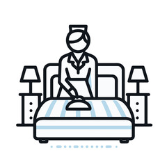 Hotel staff making bed in hotel room with lamps and tidy decor  