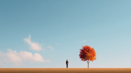 Solitary figure beside autumn tree under clear sky landscape
