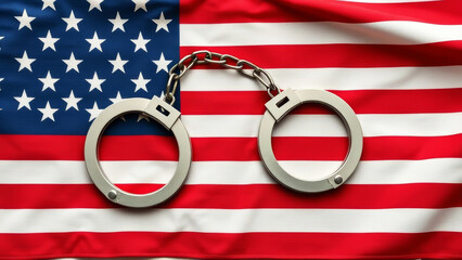 Metal handcuffs resting on wrinkled American flag symbolizing criminal justice, law enforcement restraint and national legal system