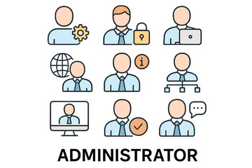 Administrator icons are now set, featuring an outline collection of vector icons for web design purposes isolated on a white background