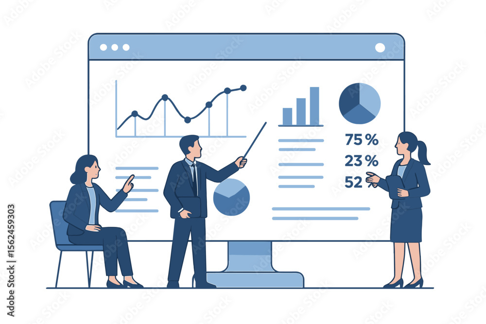 Poster business professionals utilize analytics and monitoring tools on a web report dashboard to track key
