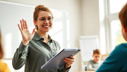 Smiling teacher holding documents and waving hand while greeting students in a lively classroom filled with eager learners
