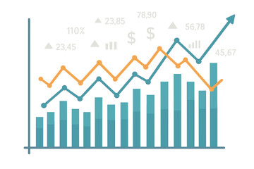 Vector illustration of a financial data graph chart, featuring trend lines and columns set against a market economy information background, representing a chart analytics economic concept