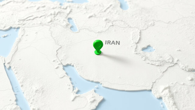 Green push pin marking Iran on a white and blue physical world map, providing a clear geographical representation of the country's location
