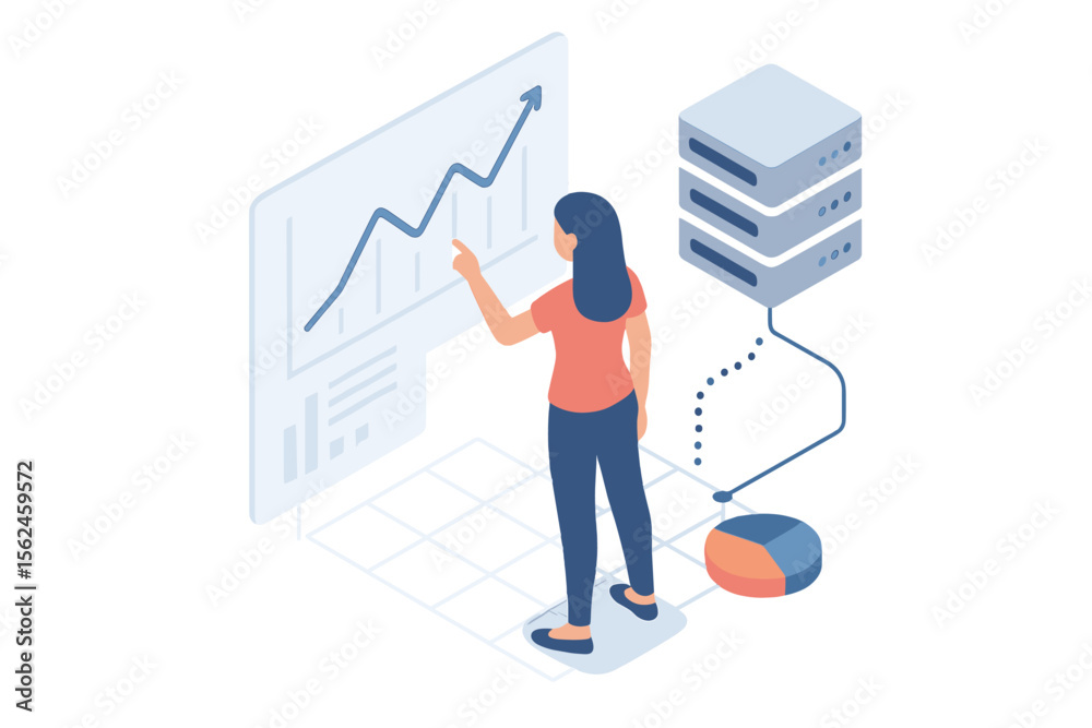 Poster the woman is engaged with statistical analysis and a diagram, surrounded by elements of data analysi