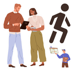 Two coworkers discussing digital data on a tablet, delivery man holding package, courier map, walking figure. Ideal for teamwork, logistics, delivery, communication, technology business efficiency