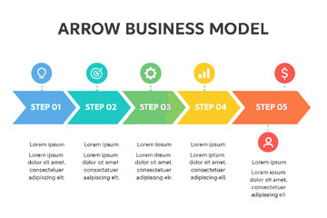 The arrow business model concept features six consecutive steps, accompanied by six vibrant graphical elements, suitable for a timeline design in brochures or presentations, and infographic layouts