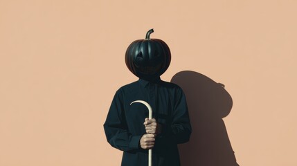Pumpkin-headed figure holding cane in shadow against peach background