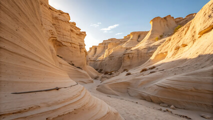A view of a narrow canyon with light tan rock formations under a blue sky on a sunny day outdoors - ai generated