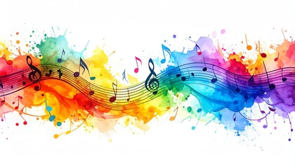 Rainbow Music Notes on Watercolor Splashes