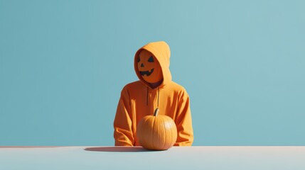 Person in pumpkin hoodie with jack-o'-lantern face sitting by pumpkin on blue background