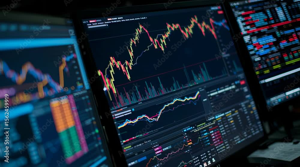 Poster Close-up of Stock Market Data on Multiple Monitors