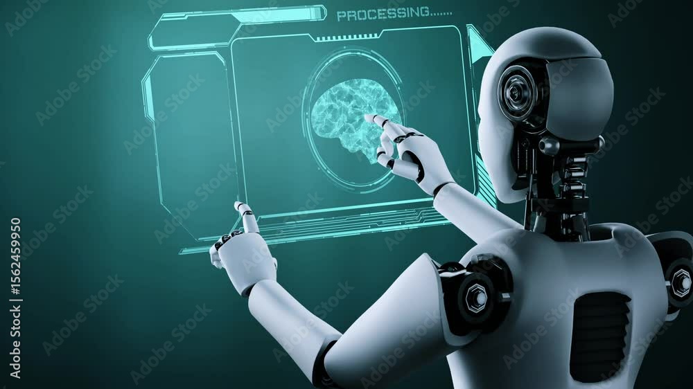 Poster ai hominoid robot touching virtual hologram screen showing concept of ai brain and artificial intell