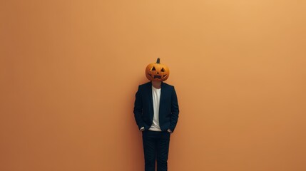 Male with pumpkin head against orange wall in formal attire