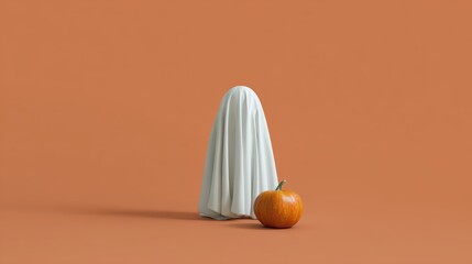 Ghost costume with pumpkin on orange background