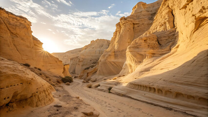 Desert canyon landscape with sunlight shining through rock formations and blue sky with clouds above - ai generated