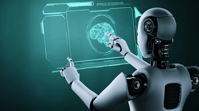 AI hominoid robot touching virtual hologram screen showing concept of AI brain and artificial intelligence thinking by machine learning process. 3D rendering.