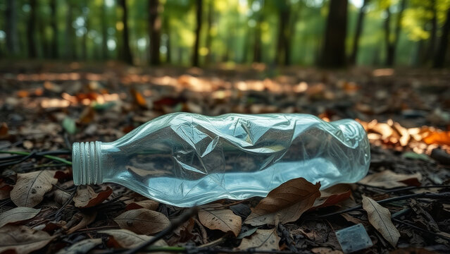 Discarded plastic bottle lying among fallen leaves, symbolizing environmental degradation and waste accumulation in forest ecosystem