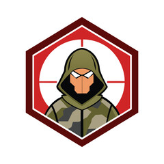 Sniper soldier with crosshair eye and camo hoodie aim Vector illustration