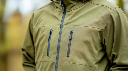 Khaki softshell jacket featuring reinforced fabric, multiple zippered pockets, strategic ventilation panels for rugged outdoor performance