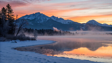 Snowy landscape with mountains and lake reflecting the colorful sky at dawn or dusk scenery view - ai generated