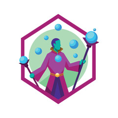 Spell slinger with wand and floating orbs in magic Vector illustration