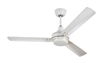 Modern white three blade ceiling fan with metallic accents isolated on white background isolated on transparent background