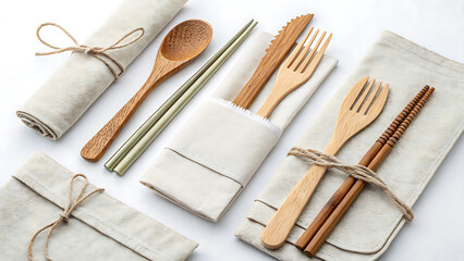 Eco friendly wooden cutlery sets with chopsticks and cloth napkins on a white surface top down view - ai generated