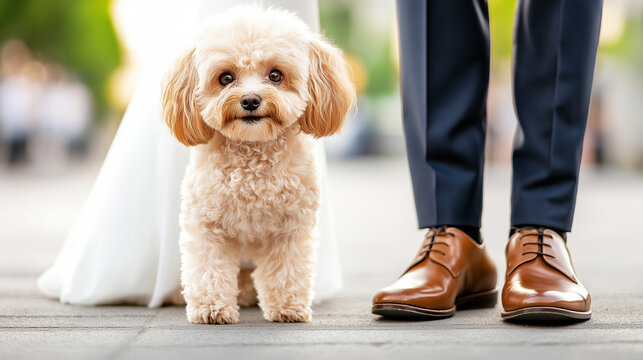 Elegant white poodle sitting near groom's polished shoes, highlighting playful wedding day preparation with stylish canine companion