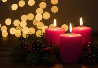 Three glowing pink candles with pine needles and berries are arranged on a wooden surface with a bokeh background of warm lights