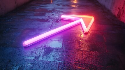 Neon arrow on wet concrete futuristic directional sign concept glowing pink and red urban navigation
