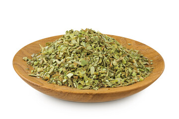 Oregano or marjoram leaves fresh and dry in wooden bowl isolated on white background
