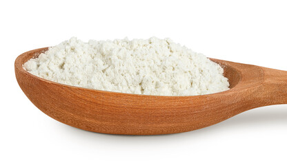White flour in wooden spoon isolated on white background