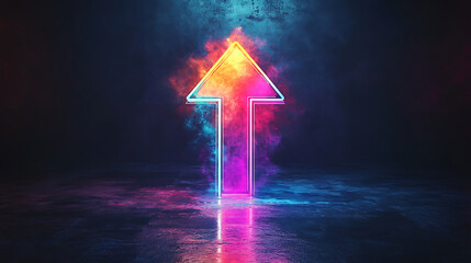 Fototapeta premium Neon arrow rising with vibrant colors against a dark background with reflective surface