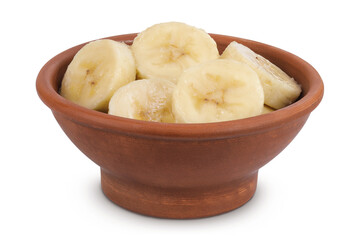 peeled banana pieces in ceramic bowl isolated on white background