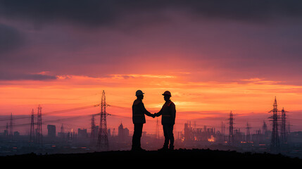 Two silhouetted workers shaking hands at sunset with power lines and towers in background