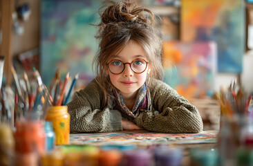 Happy young girl with glasses draws using pencil. Cute little child with autism spectrum disorder ASD smiles. Kid plays, learns in kindergarten, preschool. Education, therapy, support, awareness,
