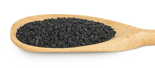 Nigella sativa or Black cumin in wooden spoon isolated on white background