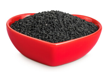 Nigella sativa or Black cumin in ceramic bowl isolated on white background