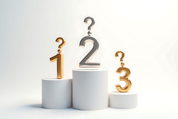 Gold and silver numbers one two and three with question marks on pedestals